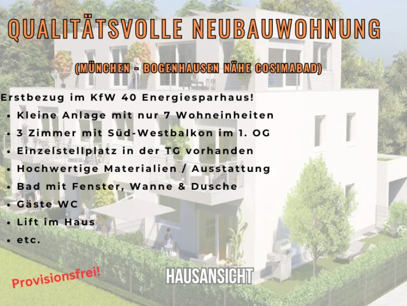 Hausansicht_Exp - Wohnung kaufen in München - Erstbezug! 3-Zimmerwohnung in Bogenhausen nähe Cosimabad in einem kleinen KfW 40 Energiesparhaus!