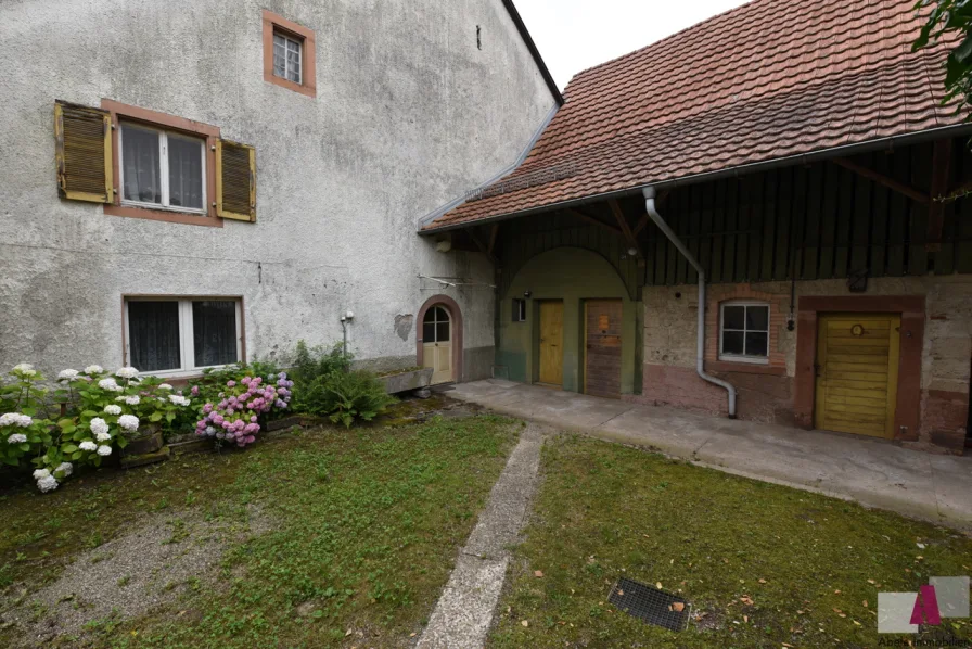 Hausasicht mit Scheune - Haus kaufen in Lörrach / Hauingen - Bauernhaus mit Potential und Ausbaureserve in  Lörrach-Hauingen