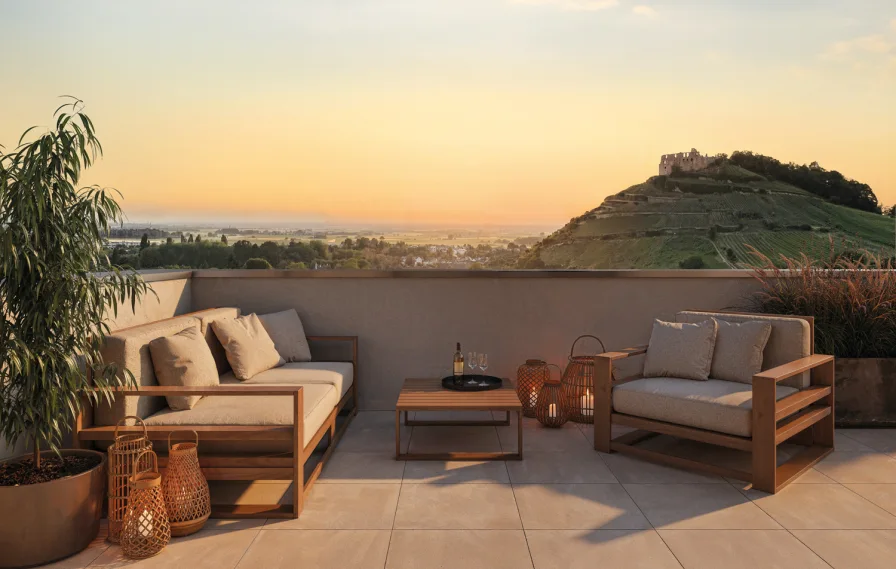 Burgblick Dachterrasse - Haus kaufen in Staufen im Breisgau - Wohnen in Bestlage mit Burgblick! Neubau Doppelhäuser mit Panorama-Aussicht in Staufen