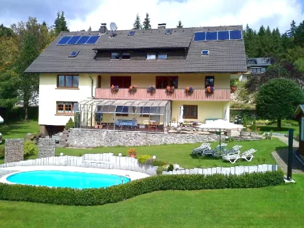 Haus und Poolansicht - Haus kaufen in Herrischried - Liebhaberstück mit 4 Sterne-Klassifizierung für die Ferienwohnungen