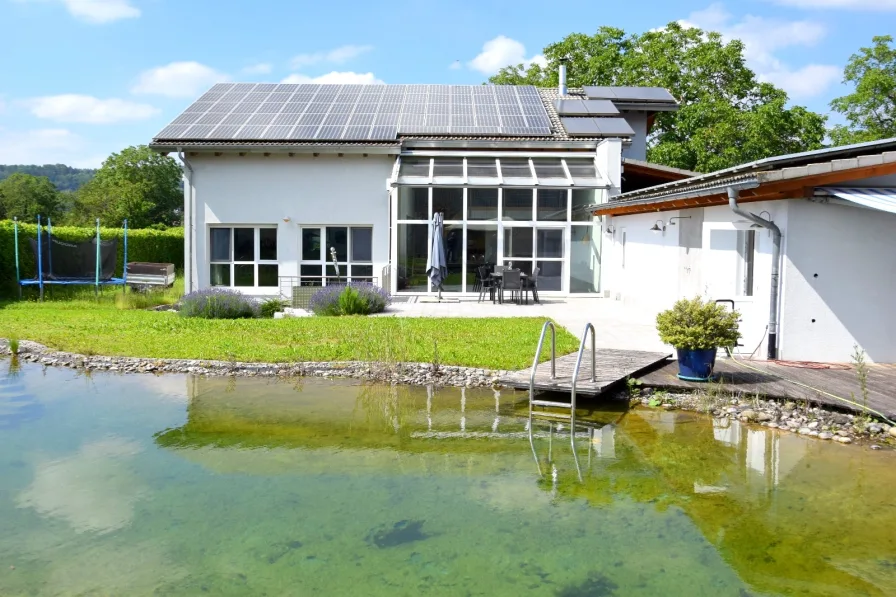  - Haus kaufen in Grenzach-Wyhlen - Gewerbepark - Büros, Lager u. Werkstatt dazu ein luxuriöses  Wohnhaus mit Natur-Badeteich