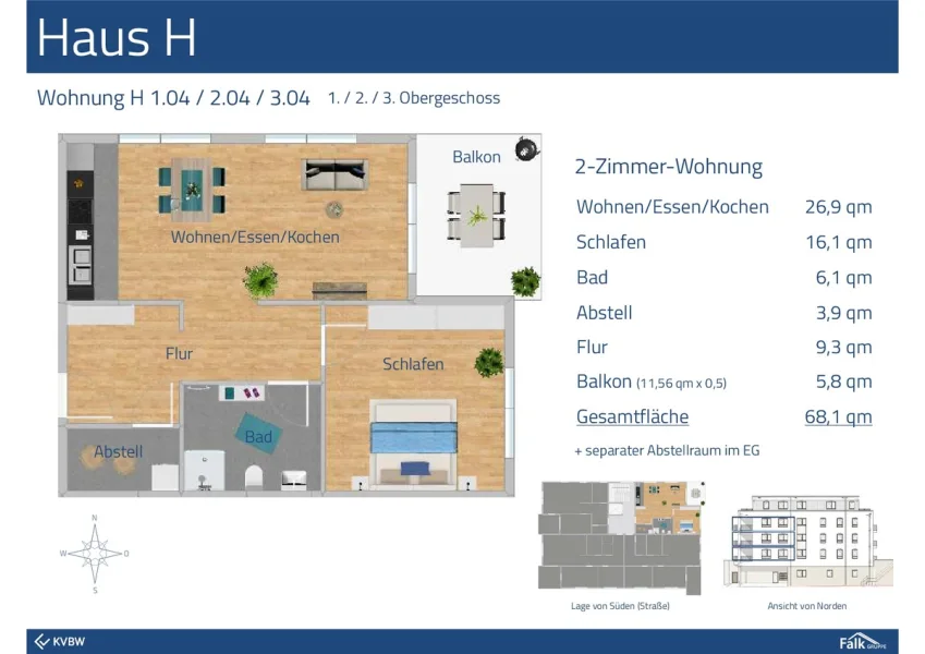 Haus H Wohnung 104 und 204 und 304 2 Zimmer