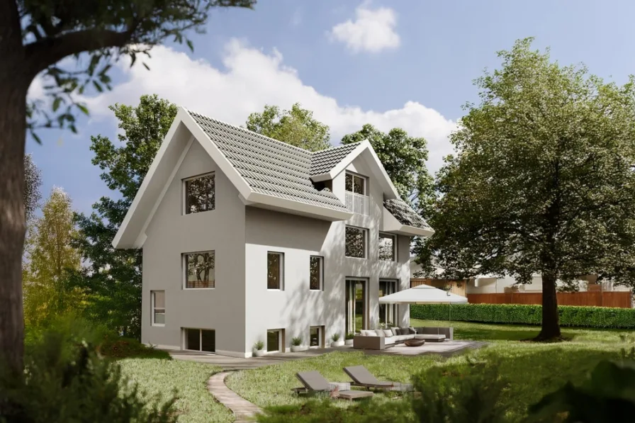 Ansicht mit Garten - Haus kaufen in Gauting - Traumgrundstück mit altem Baumbestand/Bestlage: EFH vom Architekten geplant, Baugenehmigung erteilt.