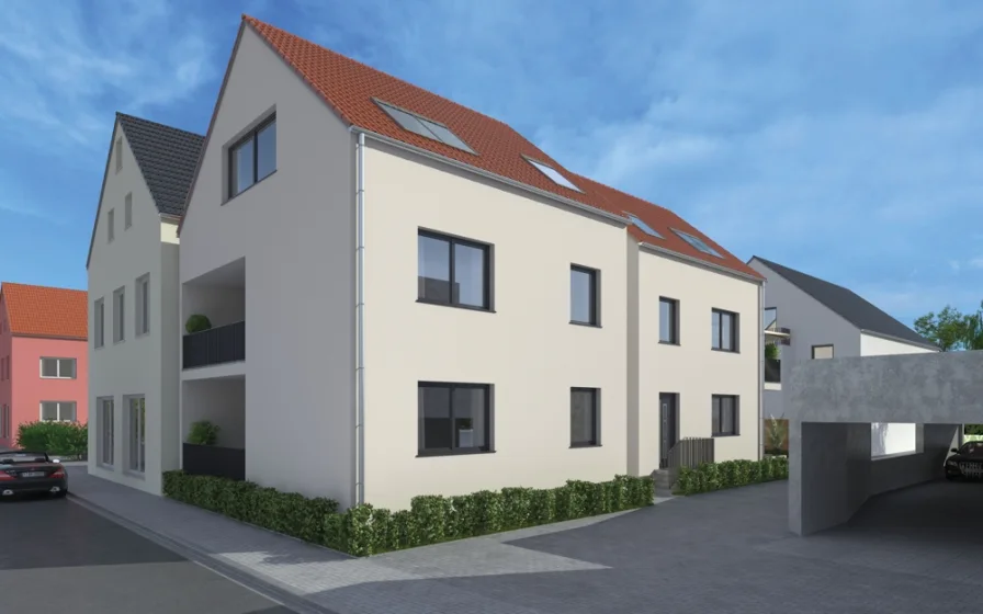 Ansicht - Wohnung kaufen in Karlsbad-Langensteinbach - Neubau: Hier entstehen in der Ortsmitte zwei Wohnungen und ein Einfamilienhaus