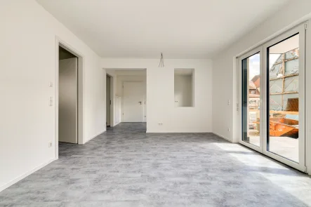 Wohnzimmer Ansicht 3 - Wohnung kaufen in Stutensee - Barrierefreier Erstbezug - energieeffiziente moderne 3-ZKB, EG mit Terrasse, TG-Platz Blankenloch