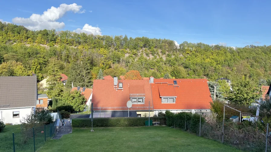 Blick vom Garten aus - Haus kaufen in Freital - Lernen Sie Freital-Deuben von seiner ruhigsten Seite kennen in dieser Doppelhaushälfte mit Garage!