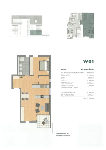 Grundriss Wohnung Nr. 1 mit Wohnflächenberechnung