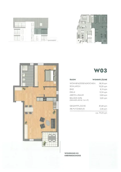 Grundriss Wohnung Nr. 3 mit Wohnflächenberechnung