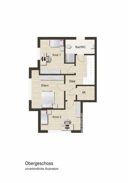 Wohnung 1+5 und 3+7 Obergeschoss über Treppe unverbindl. Illustration