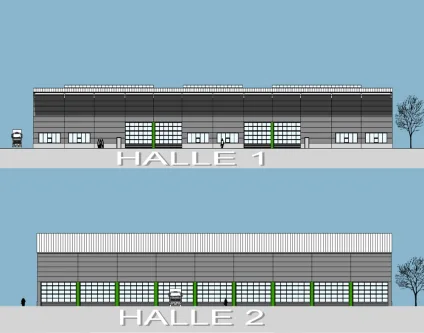 Ansicht Halle 1 + 2 - Halle/Lager/Produktion mieten in Mühldorf - Lagerhallenflächen Neubau, - Landkreis Mühldorf -