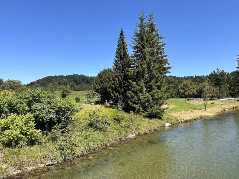 Blick zum Grundstücksteil der an die Leitzach direkt angrenzt - Grundstück kaufen in Miesbach - Für Liebhaber, die ein großzügiges und ländlich gelegenes Baugrundstück an der Leitzach suchen