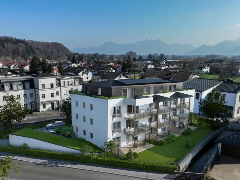 Visualisierung Ansicht Nordwest - Wohnung kaufen in Prien am Chiemsee - Moderne, großzügige 3-Zi.-Neubau-Balkon-Wohnung mit zwei Bädern nahe am Ortszentrum