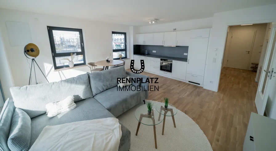 Wohn-/Ess-/Kochbereich - Wohnung mieten in Regensburg - WE1.3 | Moderne 2-Zimmer-Wohnung mit EBK und Süd-Balkon im Palais Candis. Frei ab 01.07.