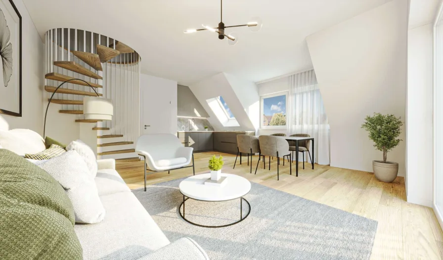 Visualisierung Wohnzimmer - Wohnung kaufen in München - Familienfreundliche 3-Zi.-Neubauwohnung mit Balkon oder Terrasse in Trudering