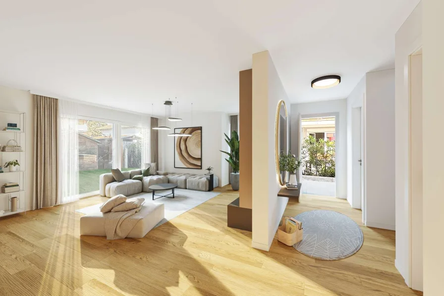 Wohnzimmer - Haus kaufen in München - Modernes Neubau-Quattrohaus für die ganze Familie – Ideal für 5 Personen