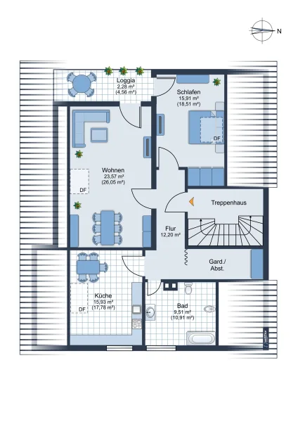 Grundriss 2-ZKB Wohnung im DG