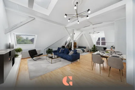 Wohnzimmer - Wohnung kaufen in München - Altbau - Dachgeschosswohnung mit viel Potenzial ca. 96 m² Nutzfläche