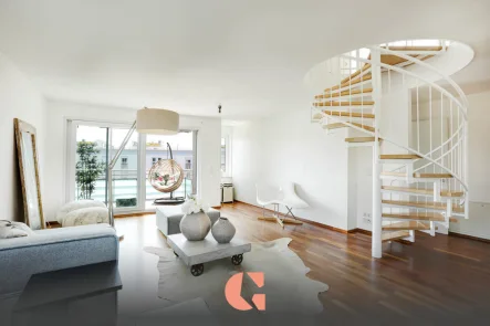 Offener Wohnbereich mit Zugang zum Süd-Balkon - Wohnung kaufen in München - Investment - Spektakuläres Penthouse mit herrlichem Gebirgsblick