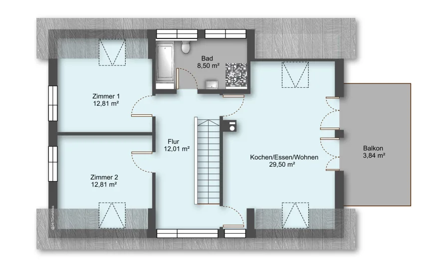 DG (optional nur Schlafzimmer oder 2. Wohnung mit Küche)