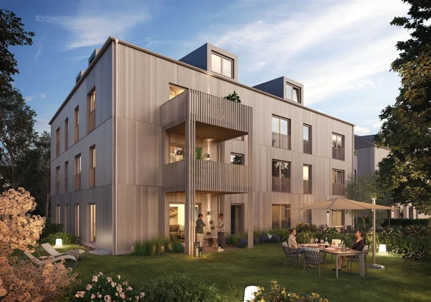 Gartenansicht - Wohnung kaufen in Bad Tölz - Großzügige 3-Zimmer-Neubau-Wohnung +++ jetzt besichtigen, bereits Mitte 2024 einziehen +++