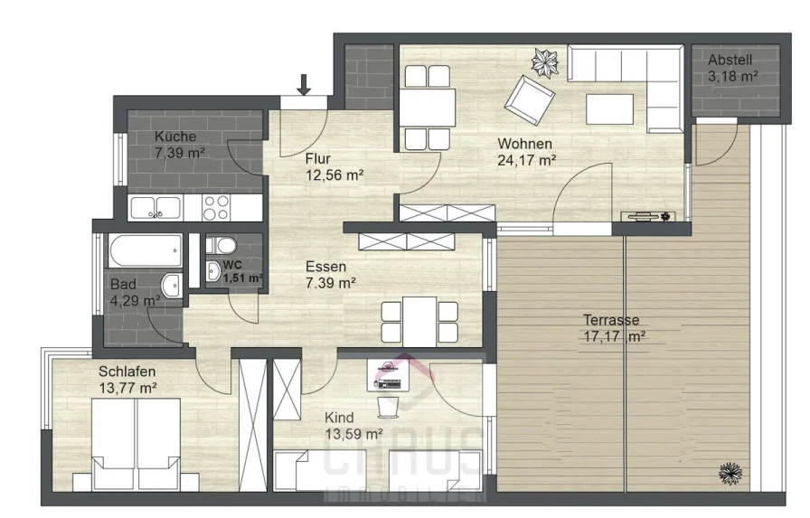 W2077 Grundriss - Wohnung kaufen in Deggendorf - 3,5 Zim.-ETW Stadt Au