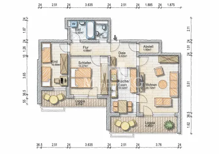 Grundriss  - Wohnung mieten in München - MÜNCHNER IG: Frei ab 01.11.2024 - Lichtdurchflutete & gut geschnittene 3-Zimmer Wohnung !