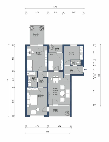 Variante : Grundriss 4-Zimmer WHG - Wohnung kaufen in Puchheim - MÜNCHNER IG: Große & schöne 4-Z.-Familien-Whg. ideal zum Selbstbezug oder Investment!