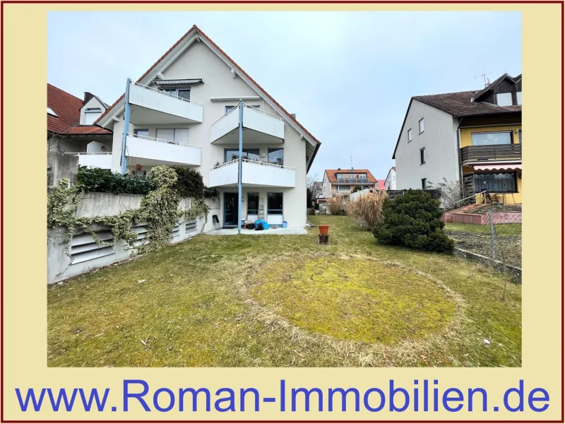 Garten und Terrasse mit Rahmen - Titelfoto - Wohnung mieten in Wendelstein - Moderne Gartenwohnung mit Terrasse, Außenstellplatz und Tiefgaragenstellplatz in Wendelstein!