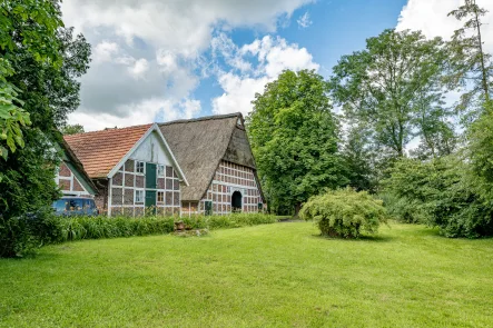 Frontansicht - Haus kaufen in Großenwörden - Idyllisches Reetdachanwesen mit Scheune und Gästehaus inmitten von Apfelplantagen nahe dem Ostedeich!