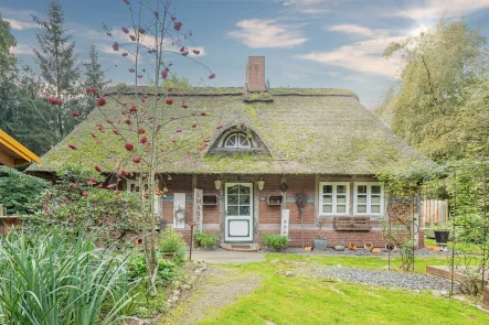 Außenansicht - Haus kaufen in Bremervörde - Charmantes Reetdachhaus mit modernem Komfort, großem Grundstück und vielfältigen Möglichkeiten!