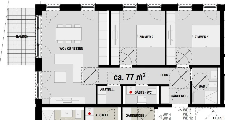 Grundriss der Wohnungen EG Nr. 2 - 1. OG Nr. 7 - 2.OG Nr. 12