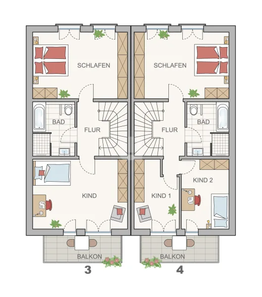 Grundriss Obergeschoss Haus 3 & 4