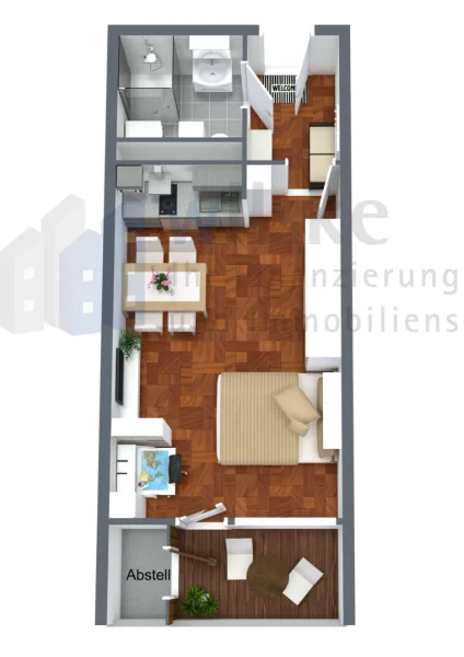 GR 3D Skizze_1 - Wohnung mieten in Ratingen - Vier Wände zum Wohlfühlen - Ruhige 1-Zimmer-Wohnung mit Einbauküche, ideale Anbindung zur City