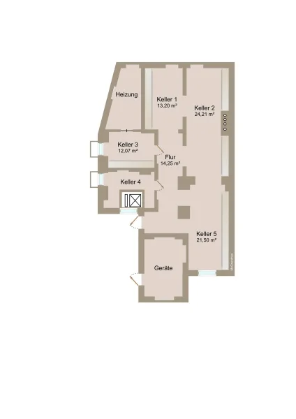 Grundriss Kellergeschoss (nicht maßstabsgetreu und mit Möblierungsvorschlag)