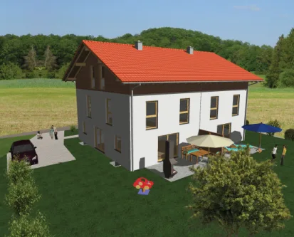 3D-Visualisierung_Ansicht Ostseite - Haus kaufen in Kraiburg am Inn / Frauendorf - NEUBAU! Hochwertige Doppelhaushälften in Holzbauweise entstehen in Kraiburg am Inn!