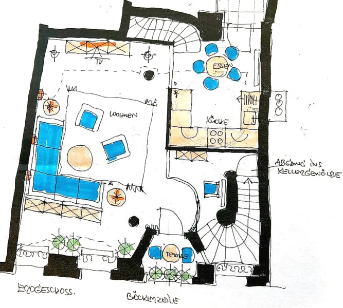 Beispielgrundriss Erdgeschoss in Wohnraum - Architektenzeichnung