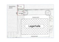 Plan mit Lagerhalle, Garagen, Carport und Stellplätzen