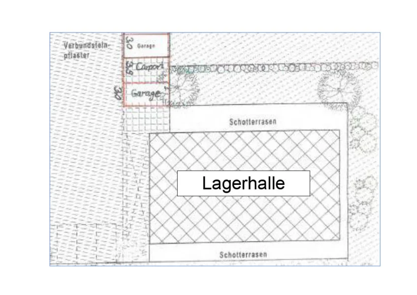 Plan mit Lagerhalle, Garagen, Carport und Stellplätzen