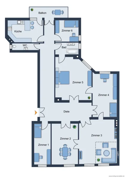 Grundrissskizze - nicht maßstabsgetreu - Möblierung dient lediglich zur Veranschaulichung und ist nicht unbedingt Bestandteil der Wohnung.