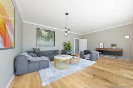 visualisiertes Wohnzimmer bei theoretischer Nutzung als Wohnung - Wohnung kaufen in München - Bestlage Herzogpark! Renovierte 3-Zi.-Gewerbeeinheit mit Balkon & zahlreichen Nutzungsmöglichkeiten.