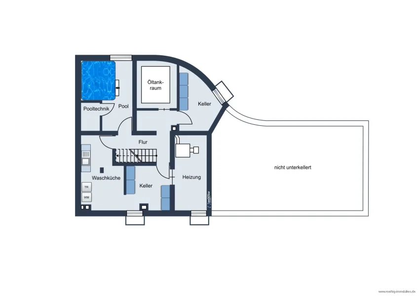 Grundrissskizze des Hauses - Untergeschoss - nicht maßstabsgetreu - Möblierung dient lediglich der Veranschaulichung und ist teilweise nicht Bestandteil der Immobilie