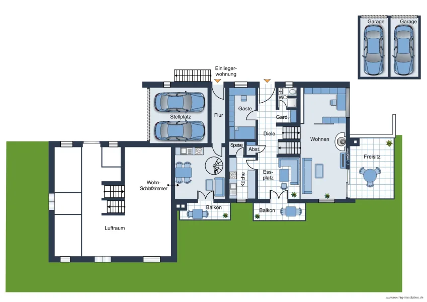 Grundrissskizze des Hauses - Erdgeschoss DHH & Einliegerwohnung - nicht maßstabsgetreu - Möblierung dient lediglich der Veranschaulichung und ist teilweise nicht Bestandteil der Immobilie