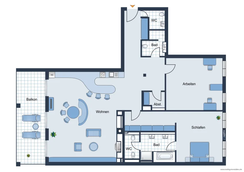 Grundrisskizze der Wohnung - nicht maßstabsgetreu - Möblierung dient lediglich zur Veranschaulichung und ist nicht Bestandteil der Wohnung