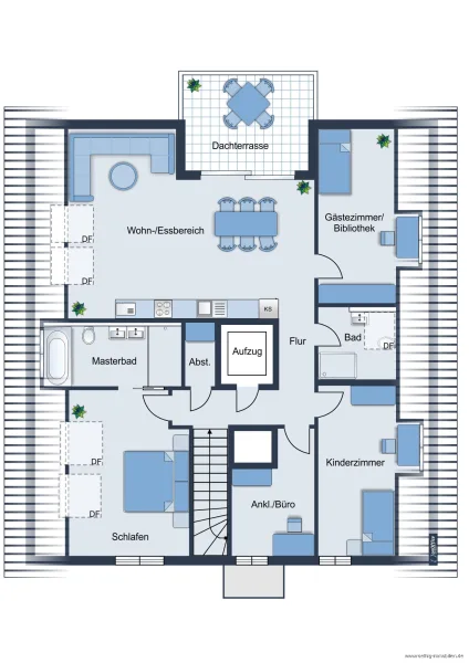 Grundrissskizze der Wohnung (2. OG) - nicht maßstabsgetreu - Möblierung dient lediglich zur Veranschaulichung und ist nicht Bestandteil der Wohnung