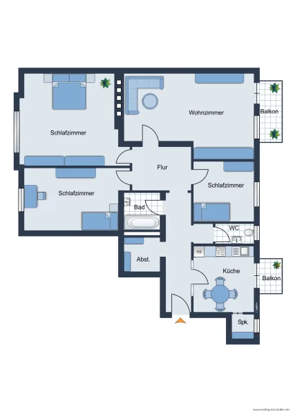 Grundrissskizze der Wohnung - nicht maßstabsgetreu - Möblierung dient lediglich zur Veranschaulichung und ist nicht Bestandteil der Wohnung