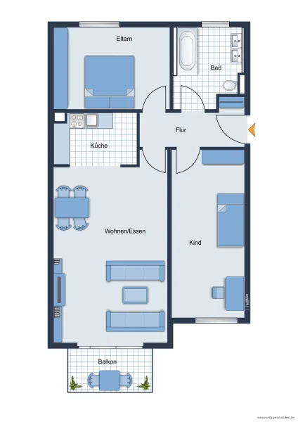 Grundrissskizze der Wohnung - nicht maßstabsgetreu - Möblierung dient lediglich zur Veranschaulichung und ist nicht unbedingt Bestandteil der Wohnung