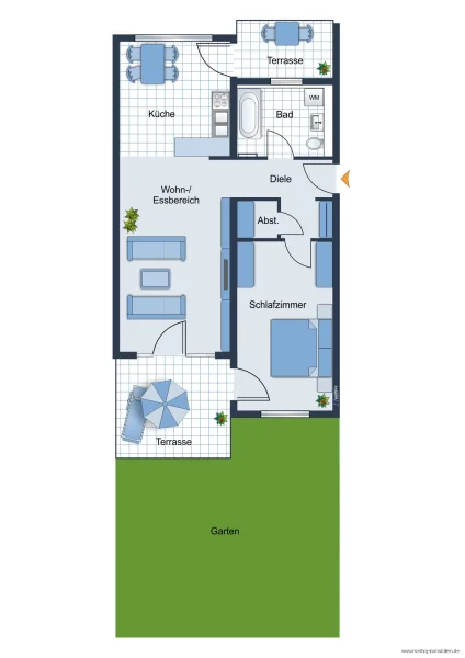 Grundrissskizze der Wohnung - nicht maßstabsgetreu - Möblierung dient lediglich zur Veranschaulichung und ist nicht Bestandteil der Wohnung