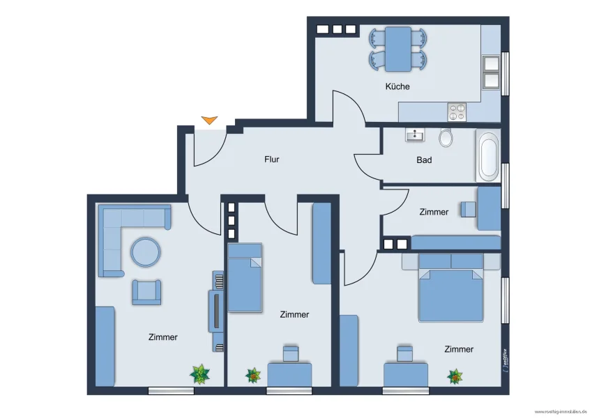 Grundrissskizze der Wohnung - nicht maßstabsgetreu - Möblierung dient lediglich zur Veranschaulichung und ist nicht Bestandteil der Wohnung