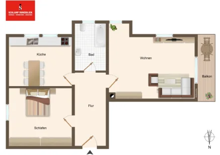 zeitgemäßer Grundriss mit Loggia - Wohnung kaufen in Bruckmühl - 2- Zimmer mit Südloggia im Herzen des Bruckmühler Zentrums