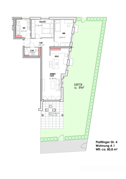 Plan Whg. A1 bemaßt 